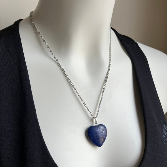 Genuine Lapis Lazuli Gemstone HEART Pendant 18 inch Stainless Steel Chain - Picture 2 of 16